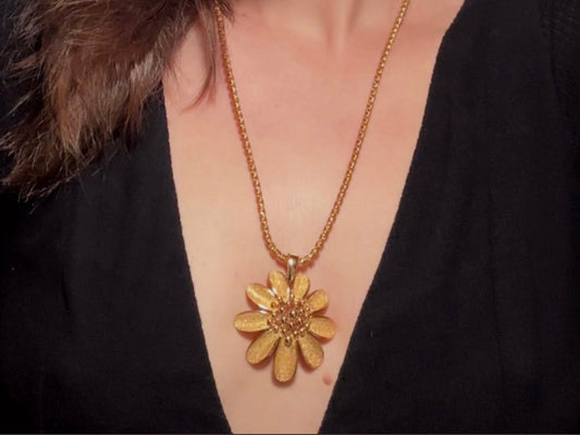 Gold Flower Necklace, Vintage Crown Trifari Floral Pendant on 24" Signed Monet Twist Chain
