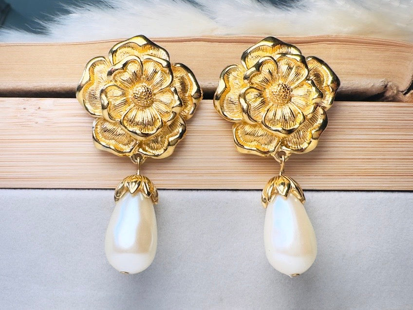 Gold Flower and Pearl Teardrop Earrings, Oversized Baroque Earrings by Avon, Elegant Gold Drop Pierced Dangle Earrings