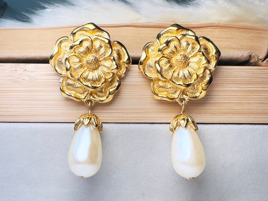 Gold Flower and Pearl Teardrop Earrings, Oversized Baroque Earrings by Avon, Elegant Gold Drop Pierced Dangle Earrings