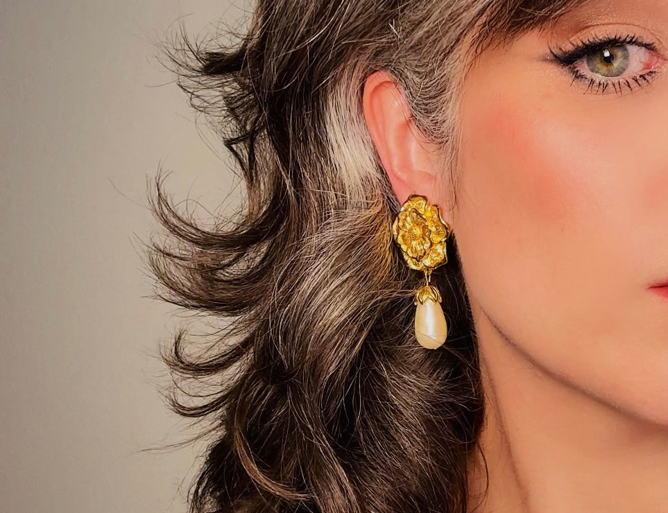 Gold Flower and Pearl Teardrop Earrings, Oversized Baroque Earrings by Avon, Elegant Gold Drop Pierced Dangle Earrings