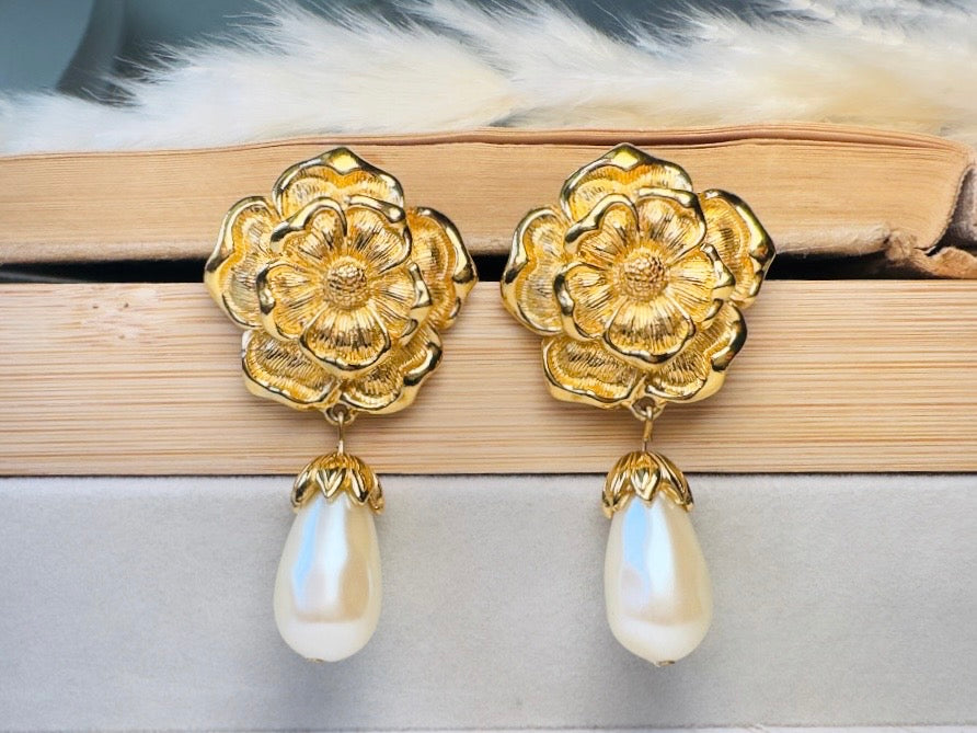 Gold Flower and Pearl Teardrop Earrings, Oversized Baroque Earrings by Avon, Elegant Gold Drop Pierced Dangle Earrings