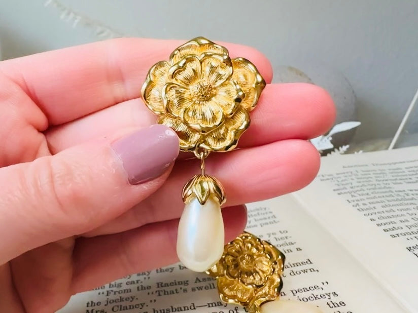 Gold Flower and Pearl Teardrop Earrings, Oversized Baroque Earrings by Avon, Elegant Gold Drop Pierced Dangle Earrings