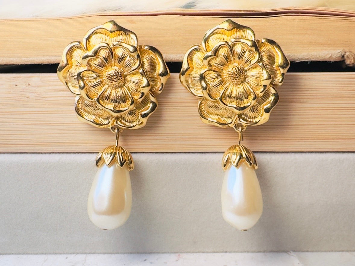 Gold Flower and Pearl Teardrop Earrings, Oversized Baroque Earrings by Avon, Elegant Gold Drop Pierced Dangle Earrings