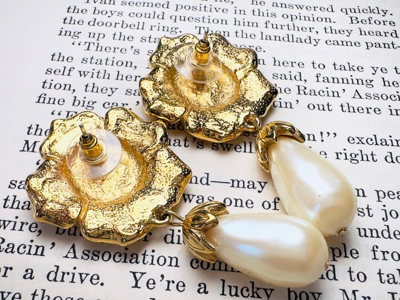 Gold Flower and Pearl Teardrop Earrings, Oversized Baroque Earrings by Avon, Elegant Gold Drop Pierced Dangle Earrings