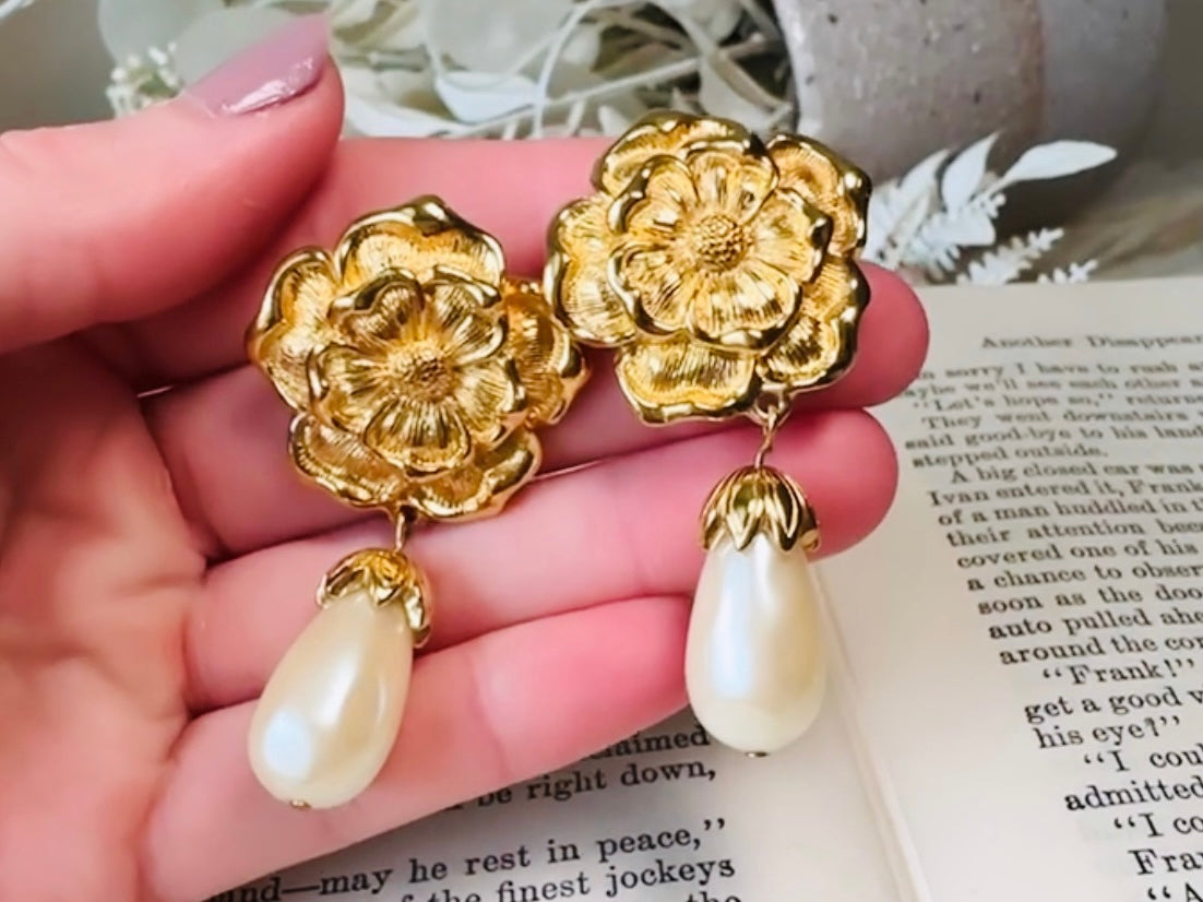Gold Flower and Pearl Teardrop Earrings, Oversized Baroque Earrings by Avon, Elegant Gold Drop Pierced Dangle Earrings
