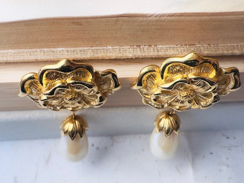 Gold Flower and Pearl Teardrop Earrings, Oversized Baroque Earrings by Avon, Elegant Gold Drop Pierced Dangle Earrings