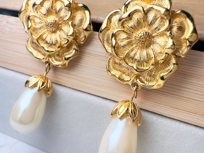 Gold Flower and Pearl Teardrop Earrings, Oversized Baroque Earrings by Avon, Elegant Gold Drop Pierced Dangle Earrings