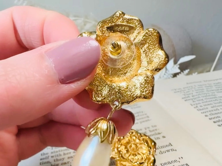 Gold Flower and Pearl Teardrop Earrings, Oversized Baroque Earrings by Avon, Elegant Gold Drop Pierced Dangle Earrings