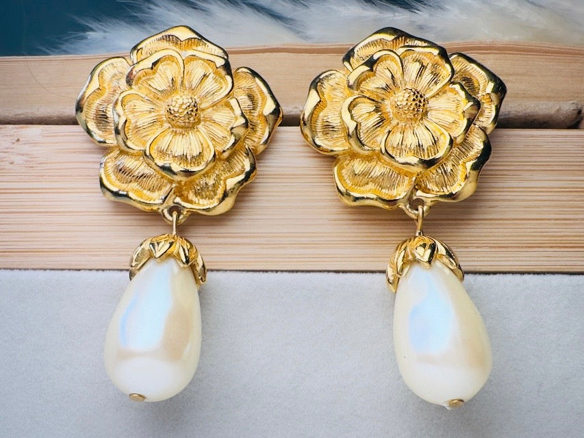 Gold Flower and Pearl Teardrop Earrings, Oversized Baroque Earrings by Avon, Elegant Gold Drop Pierced Dangle Earrings