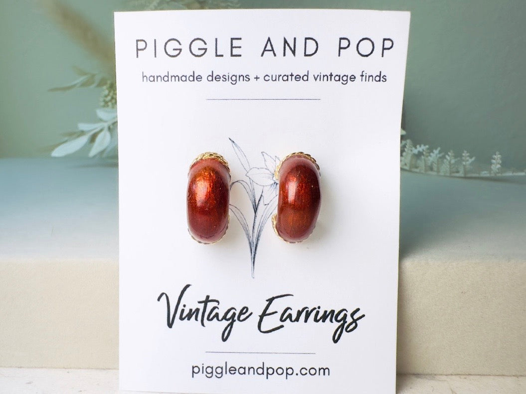 Gold Half Hoop Earrings with Pearlized Bronze Enamel, Vintage Huggie Hoop Pierced Earrings with Gold Rope Detail 80s Etruscan Earrings