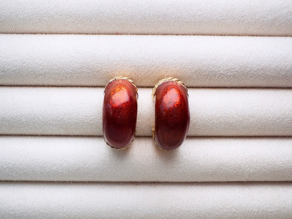 Gold Half Hoop Earrings with Pearlized Bronze Enamel, Vintage Huggie Hoop Pierced Earrings with Gold Rope Detail 80s Etruscan Earrings