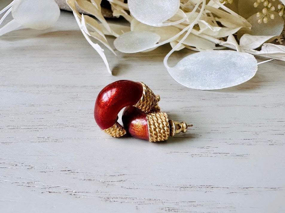 Vintage Half Hoop Earrings, Pearlized Bronze Enamel and Gold Huggie Hoop Pierced Earrings with Gold Rope Detail 80s Mogul Style Hoop Earring from Piggle and Pop