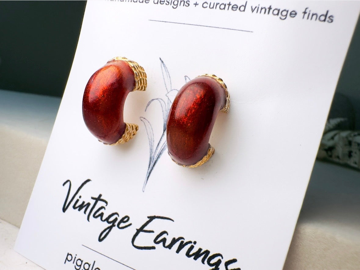 Gold Half Hoop Earrings with Pearlized Bronze Enamel, Vintage Huggie Hoop Pierced Earrings with Gold Rope Detail 80s Etruscan Earrings