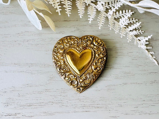 Gold Heart Brooch, Valentine's Day Fashion, Bronze Vintage Pin, Antique Gold Heart Pin with Scroll Border, Victorian Revival Gifts for Her