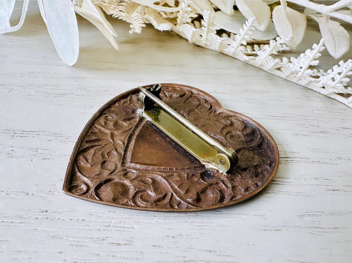 Gold Heart Brooch, Valentine's Day Fashion, Bronze Vintage Pin, Antique Gold Heart Pin with Scroll Border, Victorian Revival Gifts for Her