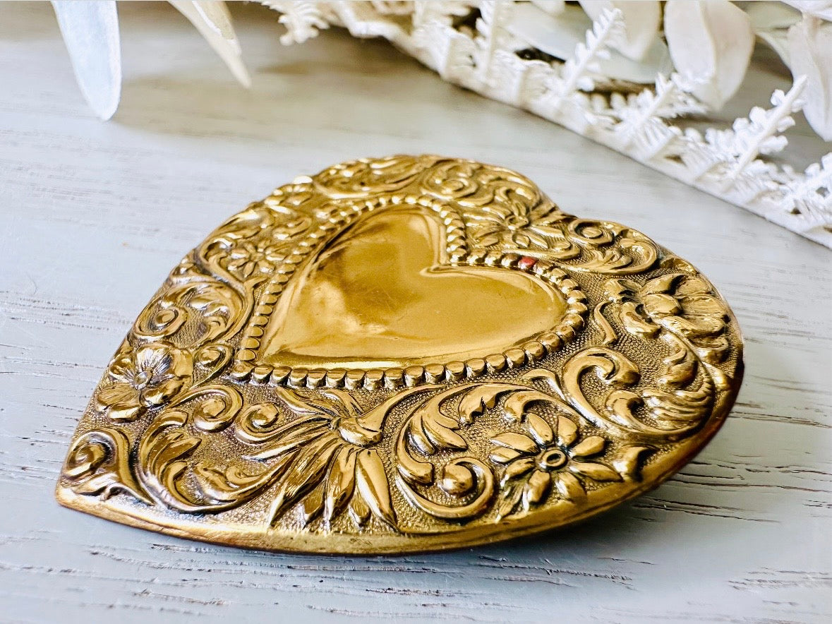 Gold Heart Brooch, Valentine's Day Fashion, Bronze Vintage Pin, Antique Gold Heart Pin with Scroll Border, Victorian Revival Gifts for Her