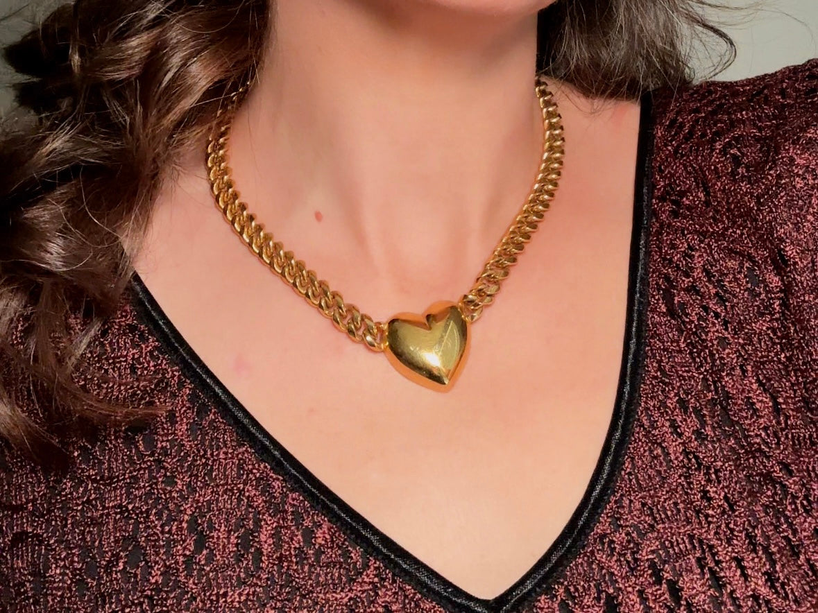 Gold Heart Necklace, Vintage Cuban Chain Choker with Gold Puffy Heart Pendant