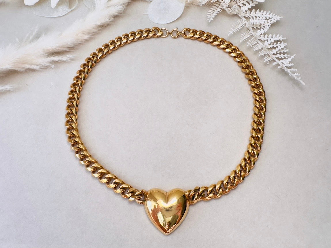 Gold Heart Necklace, Vintage Cuban Chain Choker with Gold Puffy Heart Pendant