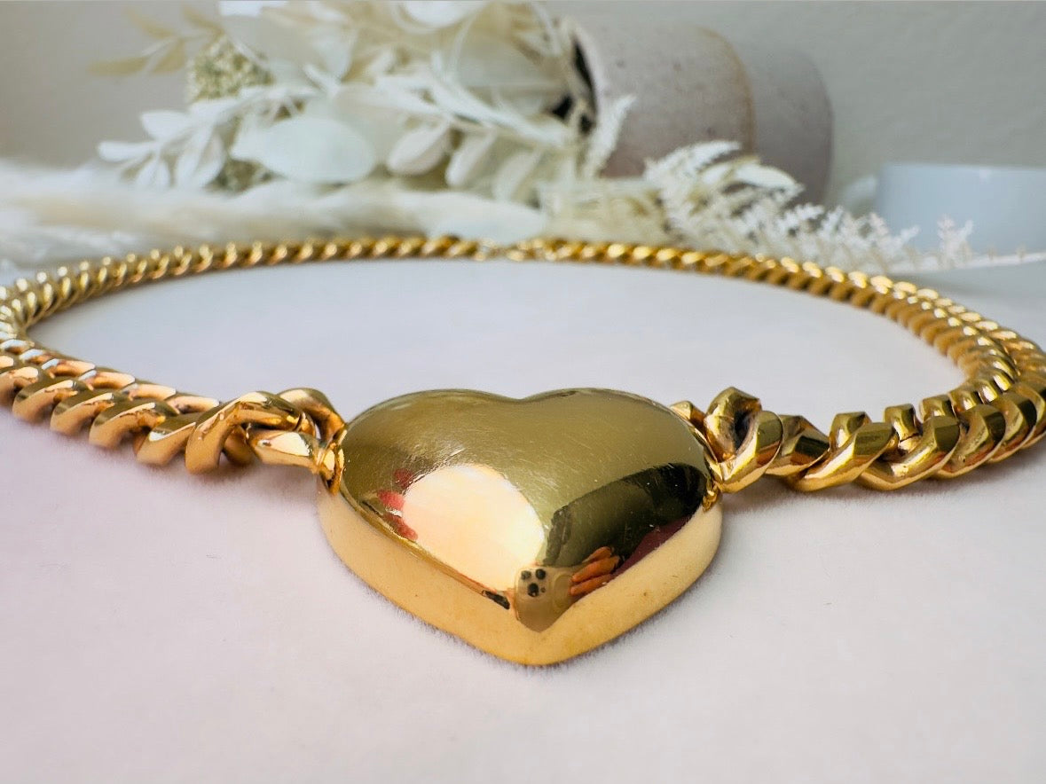 Gold Heart Necklace, Vintage Cuban Chain Choker with Gold Puffy Heart Pendant