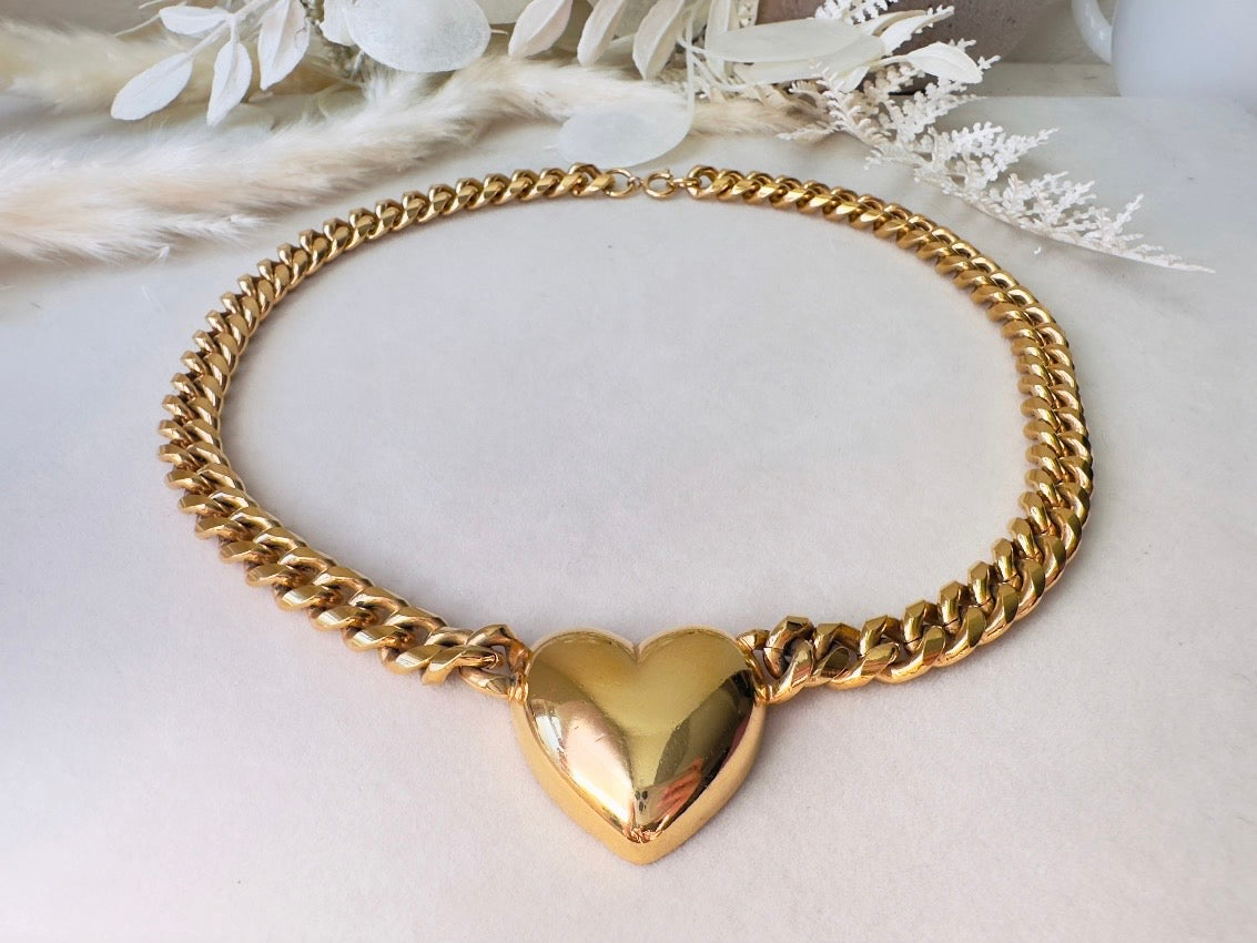 Gold Heart Necklace, Vintage Cuban Chain Choker with Gold Puffy Heart Pendant