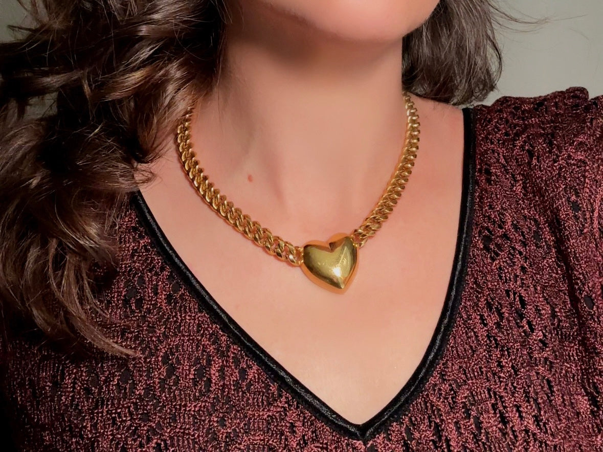 Gold Heart Necklace, Vintage Cuban Chain Choker with Gold Puffy Heart Pendant