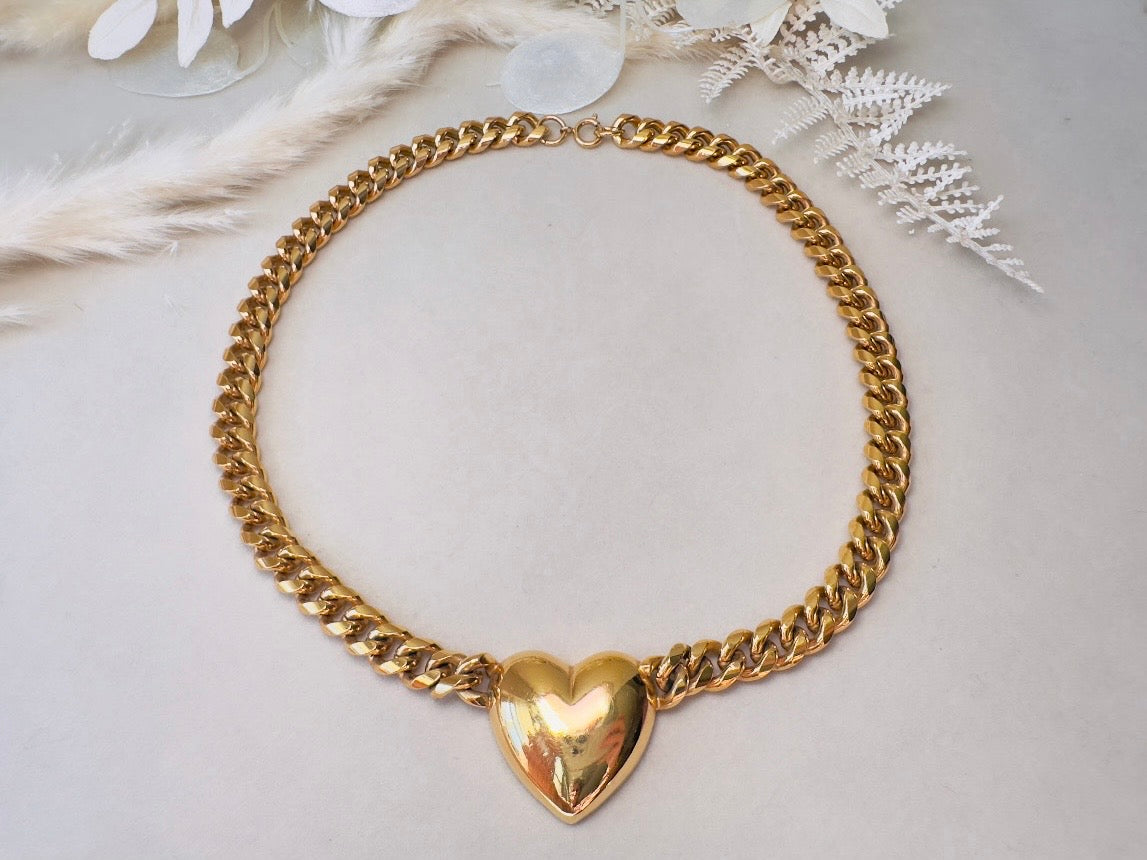 Gold Heart Necklace, Vintage Cuban Chain Choker with Gold Puffy Heart Pendant