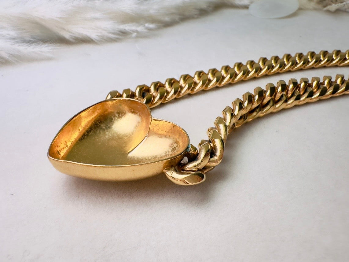 Gold Heart Necklace, Vintage Cuban Chain Choker with Gold Puffy Heart Pendant