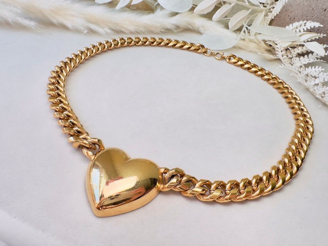 Gold Heart Necklace, Vintage Cuban Chain Choker with Gold Puffy Heart Pendant