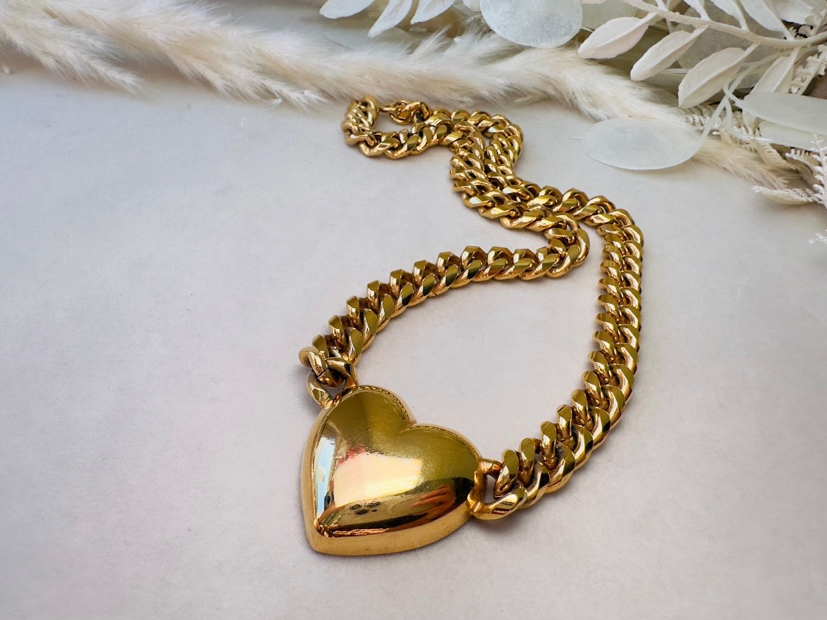 Gold Heart Necklace, Vintage Cuban Chain Choker with Gold Puffy Heart Pendant