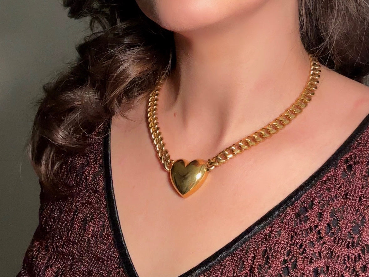 Gold Heart Necklace, Vintage Cuban Chain Choker with Gold Puffy Heart Pendant