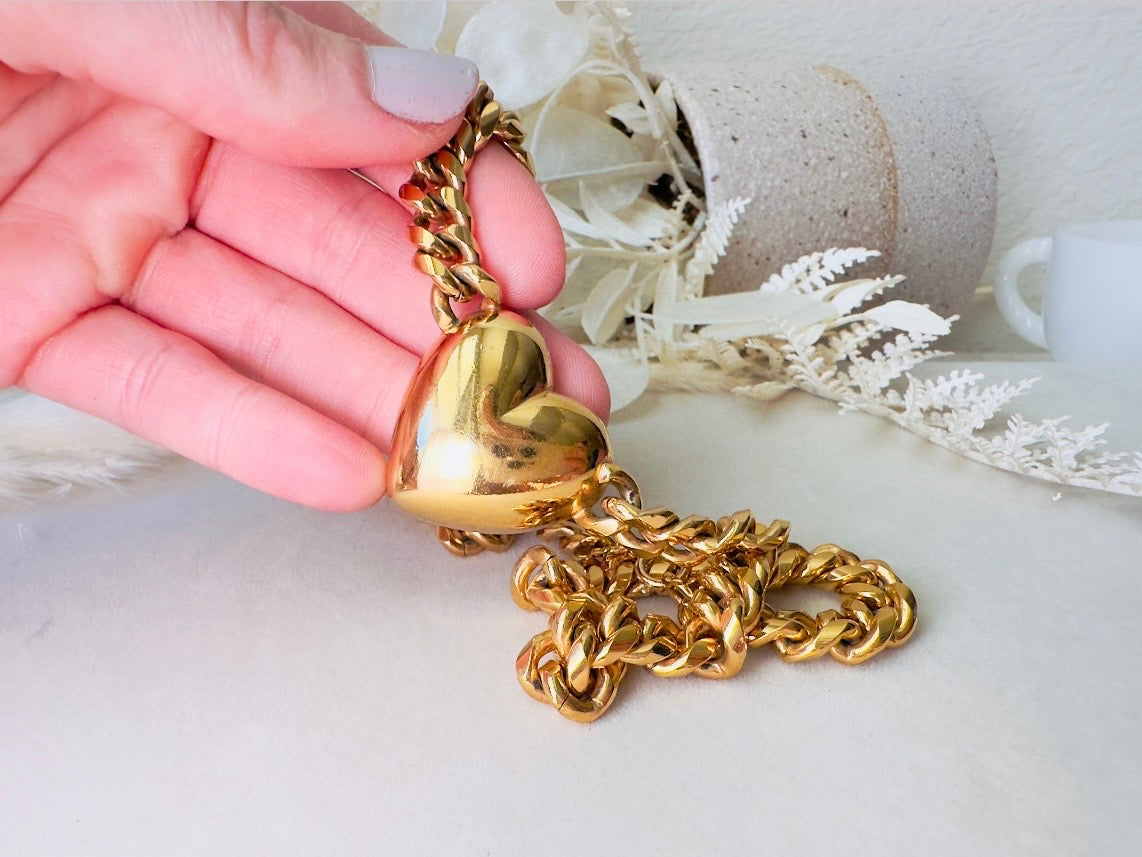 Gold Heart Necklace, Vintage Cuban Chain Choker with Gold Puffy Heart Pendant