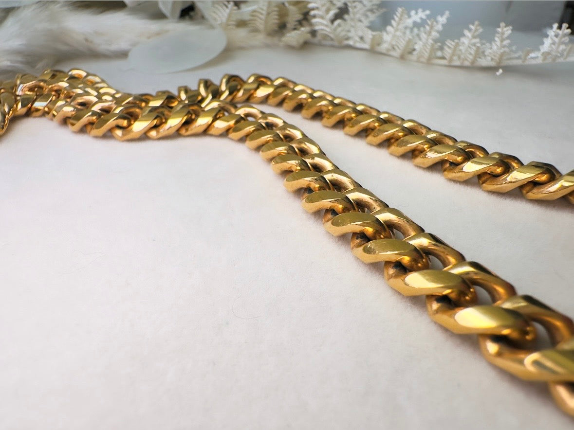 Gold Heart Necklace, Vintage Cuban Chain Choker with Gold Puffy Heart Pendant
