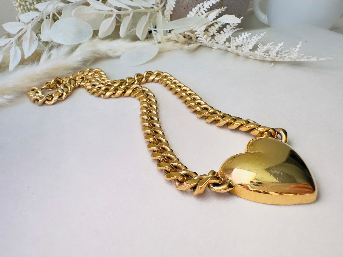 Gold Heart Necklace, Vintage Cuban Chain Choker with Gold Puffy Heart Pendant