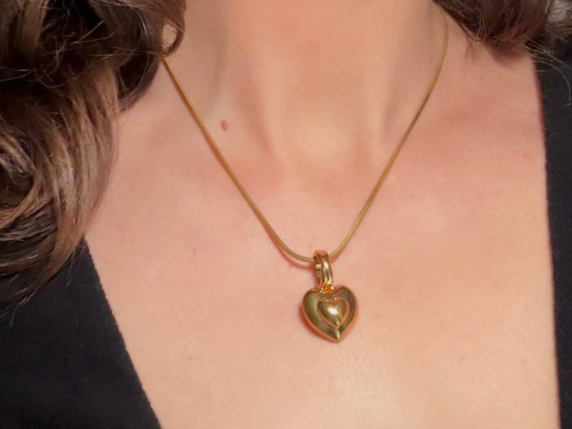 Gold Heart Necklace, Vintage Monet Double Heart Pendant on Gold Snake Chain