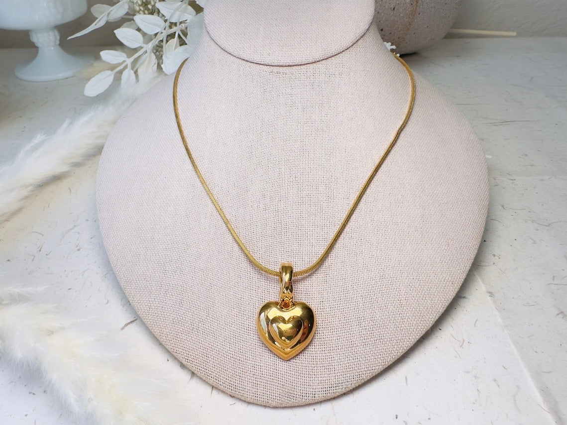 Gold Heart Necklace, Vintage Monet Double Heart Pendant on Gold Snake Chain