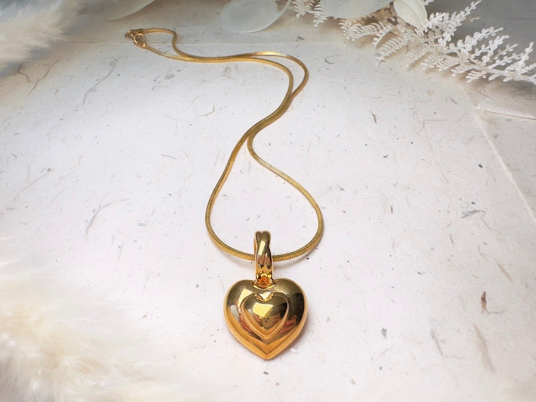 Gold Heart Necklace, Vintage Monet Double Heart Pendant on Gold Snake Chain