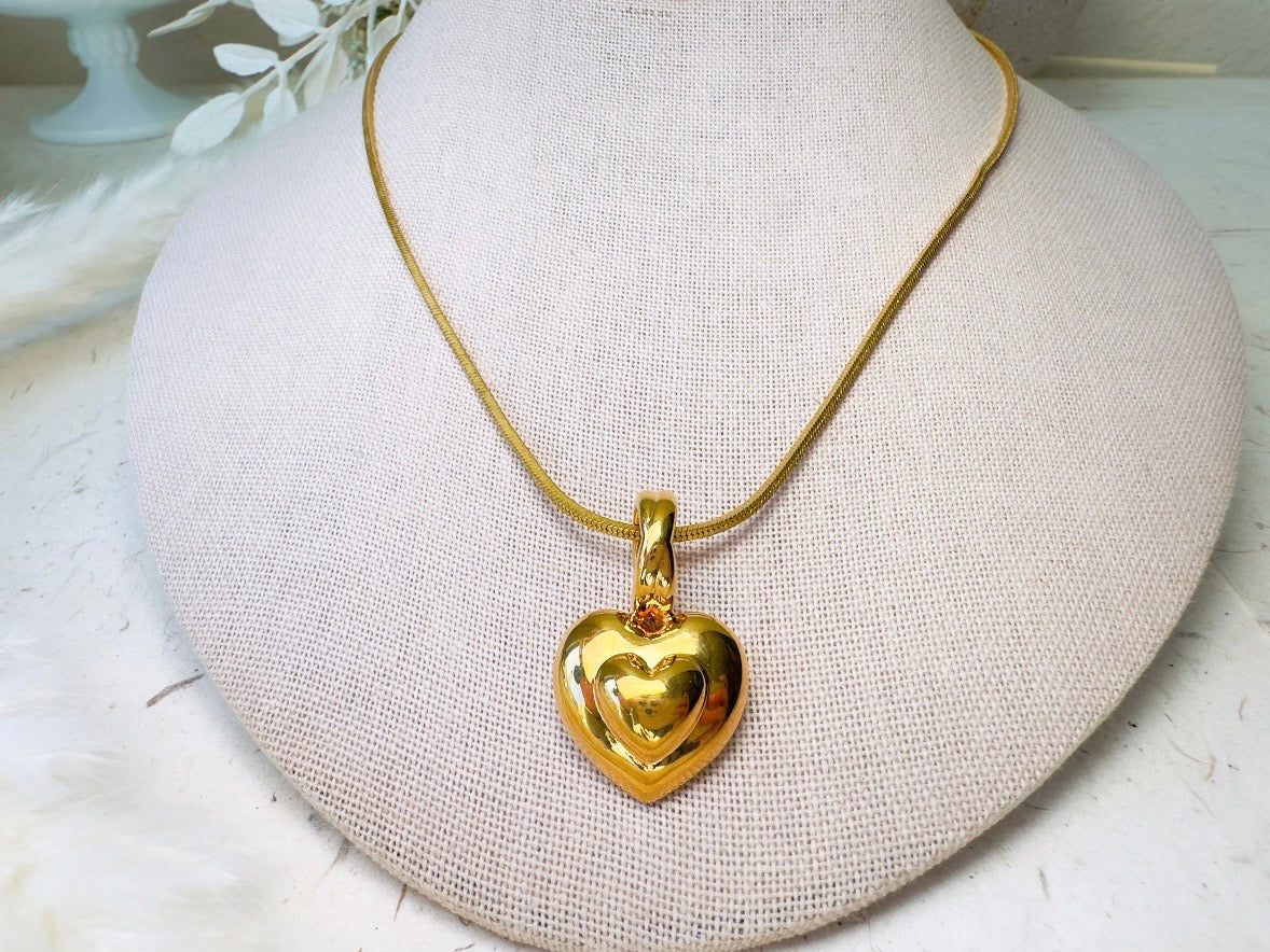 Gold Heart Necklace, Vintage Monet Double Heart Pendant on Gold Snake Chain