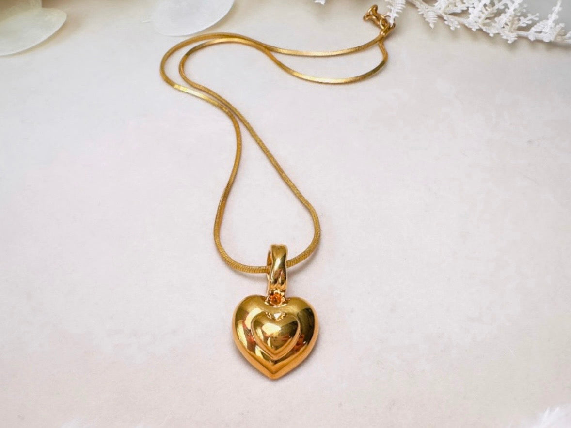 Gold Heart Necklace, Vintage Monet Double Heart Pendant on Gold Snake Chain