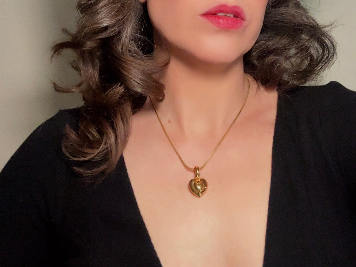 Gold Heart Necklace, Vintage Monet Double Heart Pendant on Gold Snake Chain