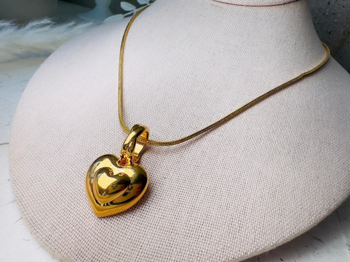 Gold Heart Necklace, Vintage Monet Double Heart Pendant on Gold Snake Chain