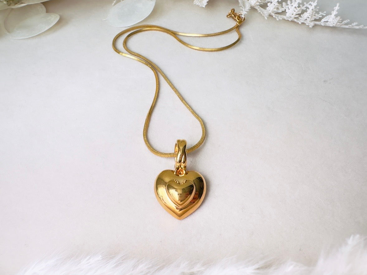 Gold Heart Necklace, Vintage Monet Double Heart Pendant on Gold Snake Chain