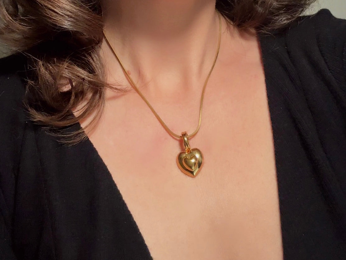 Gold Heart Necklace, Vintage Monet Double Heart Pendant on Gold Snake Chain