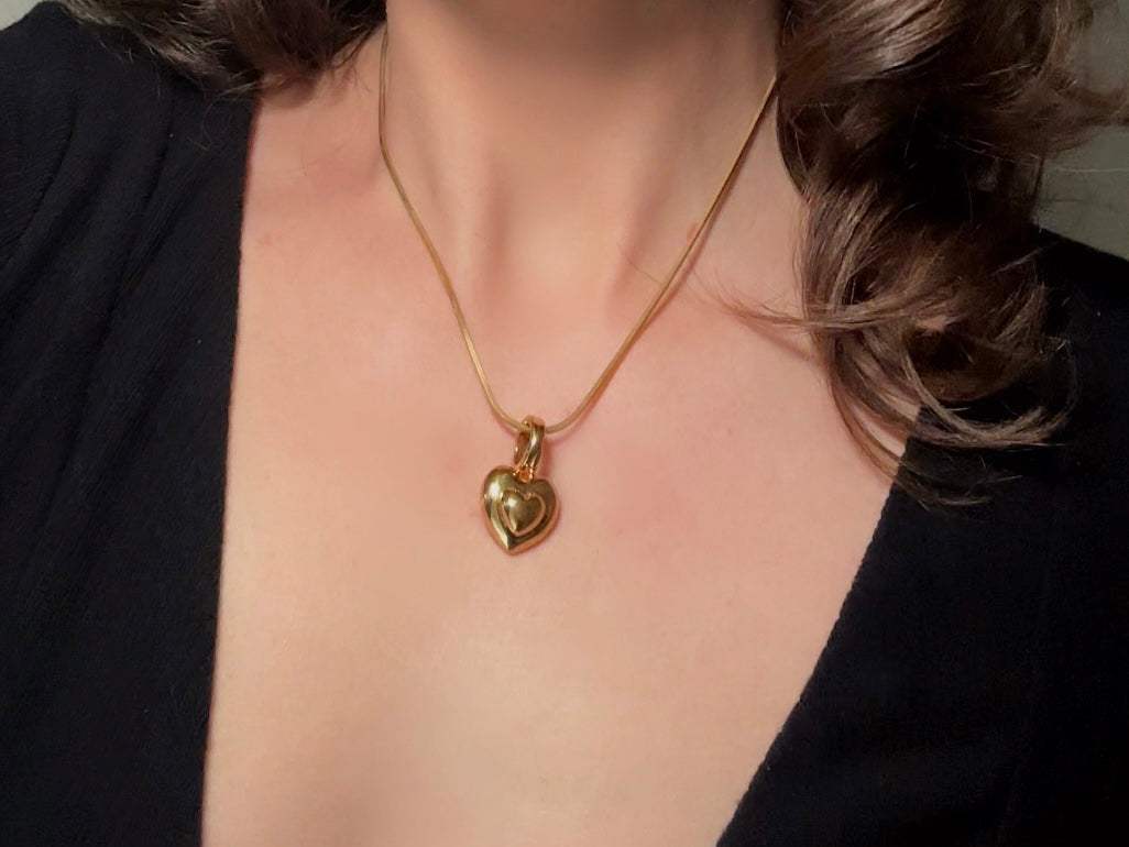 Gold Heart Necklace, Vintage Monet Double Heart Pendant on Gold Snake Chain