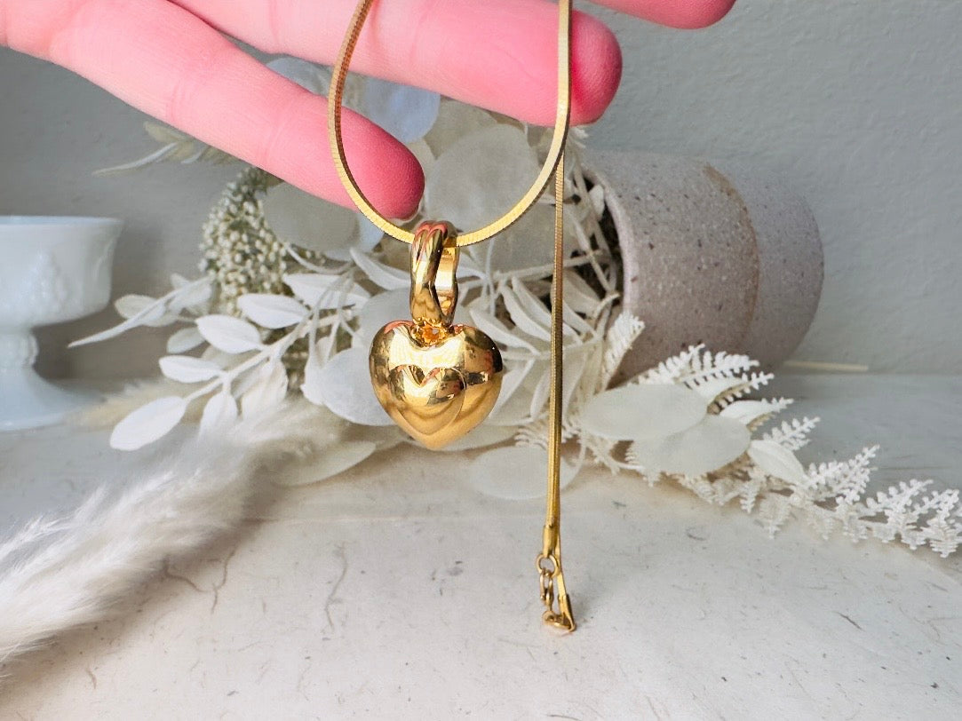 Gold Heart Necklace, Vintage Monet Double Heart Pendant on Gold Snake Chain