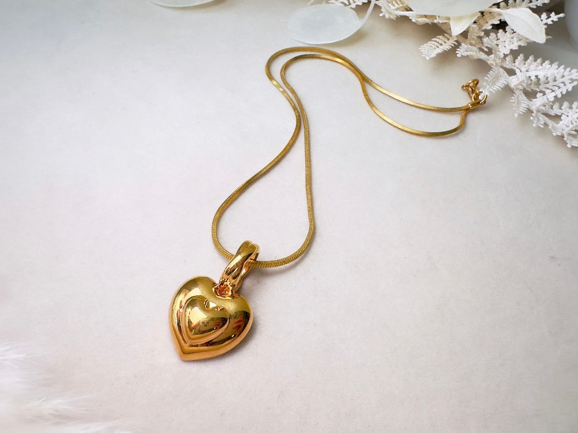 Gold Heart Necklace, Vintage Monet Double Heart Pendant on Gold Snake Chain