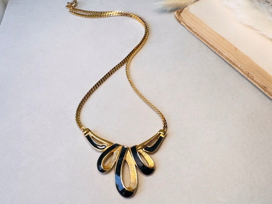 Gold Herringbone Chain Necklace with Black Enamel Ribbon Pendant, Vintage Trifari Necklace