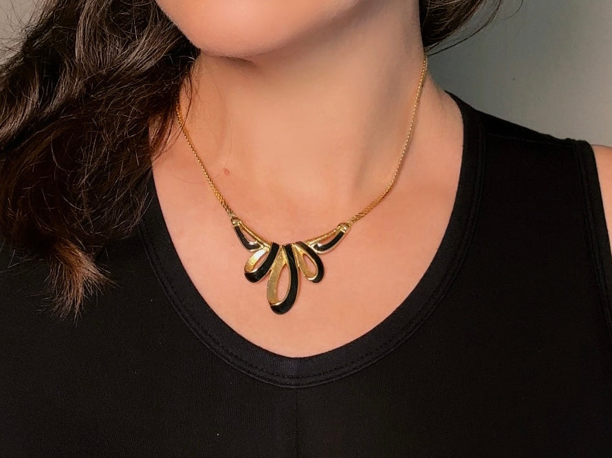 Gold Herringbone Chain Necklace with Black Enamel Ribbon Pendant, Vintage Trifari Necklace