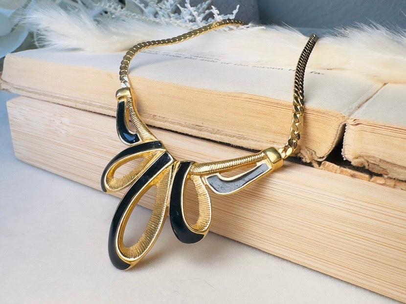 Gold Herringbone Chain Necklace with Black Enamel Ribbon Pendant, Vintage Trifari Necklace