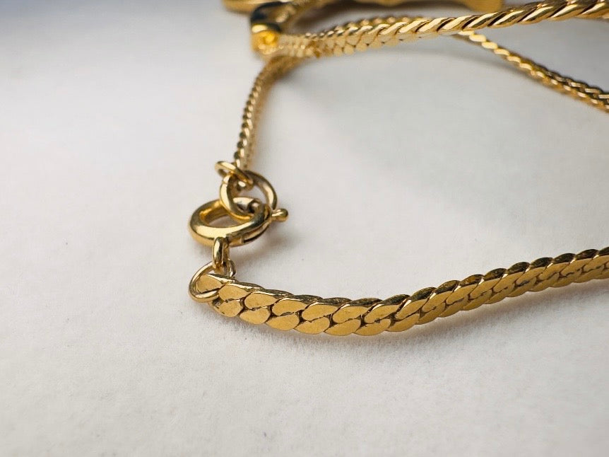 Gold Herringbone Chain Necklace with Black Enamel Ribbon Pendant, Vintage Trifari Necklace