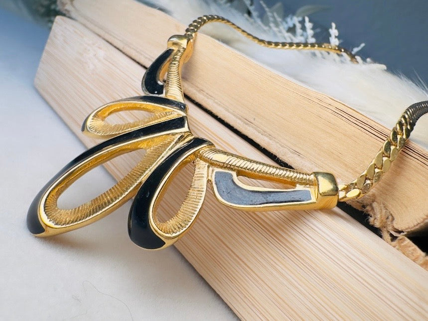 Gold Herringbone Chain Necklace with Black Enamel Ribbon Pendant, Vintage Trifari Necklace